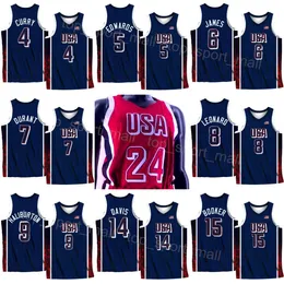 2024-25 Koszulki koszykówki USA 4 Stephen Curry 6 LeBron James 8 Kawhi Leonard 11 Joel Embiid 14 Davis 13 Bam Adebayo 7 Kevin Durant 15 Devin Booker 10 Tatum National Team