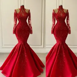Czerwona syrena wieczorowa sukienki 2021 Długie rękawy Koronkowe aplikacje cekiny z koralikami długość podłogi satynowa iluzja balowa suknia balowa v 282k