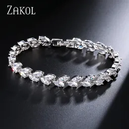 Zakol moda Białe liście bransoletki bransoletki dla kobiet Shinny Marquise Cut Cubic Zirconia Bridal Party Wedding Party 240423