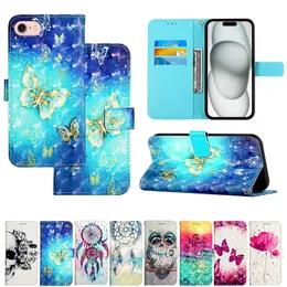 3D -läderplånbok för Samsung M55 M62 M15 X Cover 7 6 5 M34 M54 M14 M52 M32 M53 M33 iPhone SE 4 SE4 Butterfly Skull Blomma Dreamcatcher Flip Cover Holder Card Pouch
