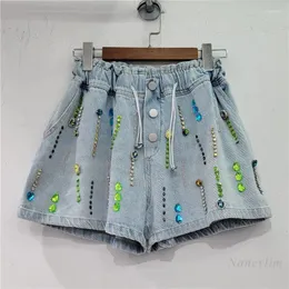 Kvinnors jeans pärlstav denim shorts kvinnor 2024 sommar europeisk gata tung industri färg diamant hög midja lösa byxor mujer