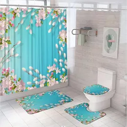 Cortinas de chuveiro Blossoms de cerejeira rosa conjuntos de cortina tulip rosa flores country jardim cenário banheiro tapete de tapete tampa do banheiro
