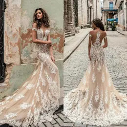 Boho Champagne Mermaid Свадебные платья с кружевами слоновой кости 2024 Глубокие погружение