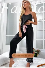 Sleepwear de roupas de sono feminino Casual Ice Seds Home Cloths Suspender Pants Pijamas Spring e Summer Lace Up Fin Straight Set