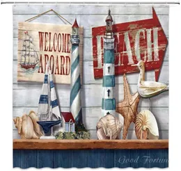 Zasłony prysznicowe Projekt motywu morskiego na rustykalnej drewnianej desce plażowej Ocean Shell Lighthouse Żaglówka Summer Conch Starfish Seagull Curtain
