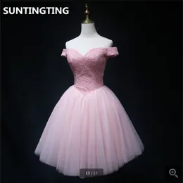 2020 Imagem real Rosa vestido de baile curto pérolas de miçangas do ombro Vestidos de baile de pescoço sexy V vestidos de coquetel de joelho petite 292n