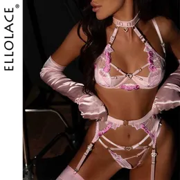 مجموعة مثيرة Ellolace Lingerie Lingerie Sensual Fairy Infery Confer 4 قطعة Bra Cut Out Thongs Sencical Lace Lace Exotic مجموعات Sissy Outfit Q240511