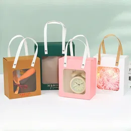 Presentförpackning 5st transparent fönster som bär påse födelsedag visuell bärbar förpackning papperspåsar festival bukett kaka handhållare