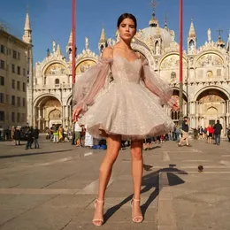 2024 vestidos de graduação espumante vestidos de cocktail para mulheres espaguete tiras mini vestido ilusão de mangas longas de aniversário vestido de baile curto para meninas africanas gd001