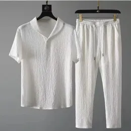 Gömlek Pantolon 2024 Yaz Moda Erkekler Gömlek Kısa Kollu Gömlek Erkekler Setleri Yüksek Kaliteli Erkek İki Parçalı Boyut M4XL 240506