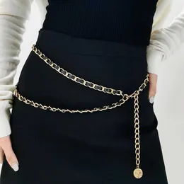 Waist Chain Belts Womens black and gold double waist chain haute couture dress with metal edging tight fitting clothing elegant warm accessories Q240511