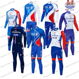 Racing Gets Retro Groupama FDJ Team Cycling Jersey Kids Definir meninos de manga longa e garotas Cloths Blue White Teenagre Kits
