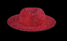 Szerokie brzegi czapki czerwone rhinestone fedora unisex hat fedoras jazz impreat klub dla kobiet i cały tophat9336597