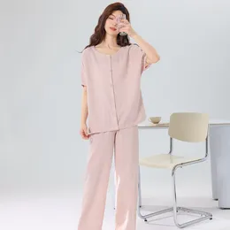 Ev Giyim İlkbahar ve Yaz Kadınlar Pamuk Çift Katmanlı Krep Kumaş Uzun Pantolon Pijama Seti Kısa Kollu Hardigan Tops Conjunto Femenino