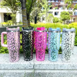Water Bottles 40OZ Double Layer Insulation Cup Laser Leopard Handle 304 Stainless Steel Large Capacity Insulated Sports Travel Car