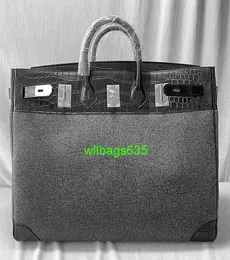 BK deri çanta güvenilir lüks özelleştirilmiş 50 cm siyah mat timsah cilt patchwork koyun yapışkan yünlü kumaş büyük seyahat çantası logo hbotvs