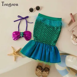 Zestawy odzieży TreGren 0-3-letni kostium kąpielowy dla dziecka Śliczna skorupa Pearl Suspendend Bikini Top Sheer Patchwork Syrenca Tail 2 sztuki Swimsuitl2405