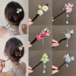 Hair Clips Classical Winding Flower Hairpin Handmade Elegant Hanfu Headwear Chinese Style Pearl Tassel Wooden Stick Girl
