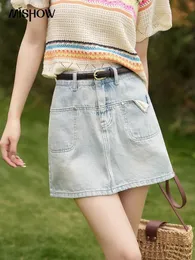 Mishow Soft Cotton Denim Skirt Summer Retro Straight A-lineポケット膝の上のカジュアルな女性服MXC33B0049 240513