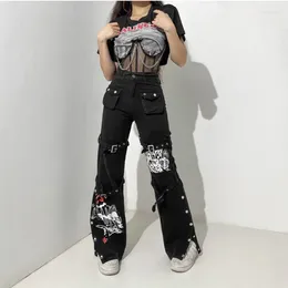 Frauen Jeans Lordlds Frauen 2024 Punk Printed Jeanshose Metallschnalle mit Street Cool und Hip-Hop Streetwear Streetwear