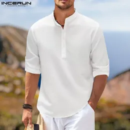 Camicie casual maschile 2024 camicia da colore solido Collar 3/4 maniche da uomo abbigliamento streetwear Fashion Leisure maschio S-5xl Incerun