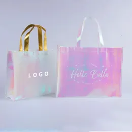 500 pezzi di shopping metallico stampato personalizzato tote rainbow rosa iridescent olografico non intrecciato sacchetti regalo di nozze con ospite 240504