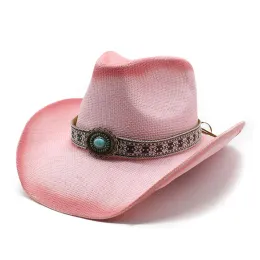 Vintage Retro Irregular Turquoise Beads Leather Belt Hollowed Out Women Men Straw Wide Brim Beach Cowboy Cowgirl Western Sun Hat
