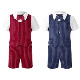 Men's Suits Toddler Boys Gentlemen Suit Turn-Down Collar Short Sleeve Shirt Bow Stripe Vest Blazer Shorts Outfit For Birthday Wedding Party