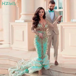 2021 Deep V Neck Mermaid Prom Dresses Turquoise e Gold Dinchien Dissed Distras Plus Size Size Alto Vestido de Festa Formal de Baxagem 256L