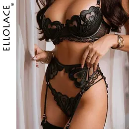 مجموعة مثير Ellolace Lingerie Legeory Lace Embroidery خيالي للملابس الداخلية 3 قطع صدرية جنسية صدرية وملخصات الشفافة المثيرة المثيرة Q240511