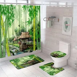 Shower Curtains Bamboo Forest Scenery Bathroom Set Curtain Non-Slip Rug Bath Mat Lid Toilet Cover Green Plant Farmhouse Bird