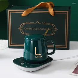 Tassen DIY Smart Keramik Thermostatische Kaffeemilchbecher mit Deckellöffel Untertasse 55 Grad Wasserbecher Geschenkbox Set Heizinsisolierungsplatte