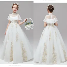 2021 First Holy Commirion Dresses High Neck Ivory Tulle Gold 자수 Boho Short Sleeves Flower Gilr Dress Wedding Toddler Eveni 308v