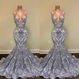 2022 Gorgeous Silver Mermaid Prom Dresses Spaghetti Straps V-neck Appliques Lace Backless Evening Gowns BC13118 B0417Q 228j