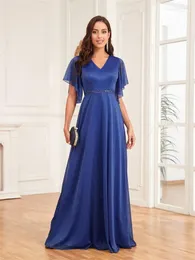 パーティードレスLucyinlove Luxury Speecin Maxi V-Neck Royal Blue Long Dress Women 2024エレガントなフレアスリーブシフォンウェディングイブニングドレス