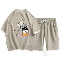 Herrspårssuits Summer Gym Fitness Waffle Sports Suit Dreable Casual T-shirt Shorts Tvådelar Set Mens Sports Comfort Suit 2024 Ny M-3XL Y240508