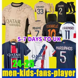 Koszulki piłkarskie 24 25 Dembele Barcola Soccer Jerseys MAILLOT Foot Kit Mbappe 2024 2025 Hakimi Zaireemery Kolo Muani czwarte mężczyzn Enfants Set Football Shirts Marqu