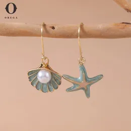 Kolczyki Dangle Obega Vintage Gold Color Starfish Shell dla kobiet małe urocze imitacja Pearl Bankiet Biżuteria ślubna
