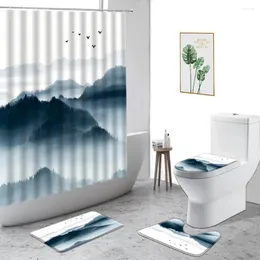 Cortinas de chuveiro cenário de água da montanha de estilo 3d Cortina de água não deslizante tapetes de banho Tapete do banheiro Tapete de piso 4pcs Conjunto de banheiro