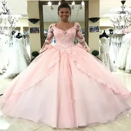 Designer Long Sleeves Ball Gown Quinceanera Dresses Train Lace Appliques Beads Tulle Princess Birthday Party Gowns Sweet 16 Dress 15 Ye 305O