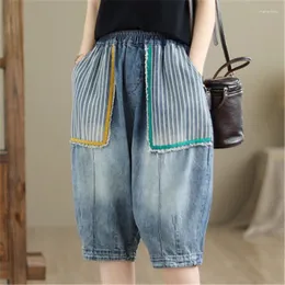 Jeans feminino Chegada 2024 Artes de verão estilo mulheres cintura elástica de retalhos de retalhos de algodão harém de harém grande bolso de bolso vintage cortado