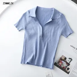Itoolin Kadın Polo Gömlek Kısa Kollu Örgü Tshirt Sade Yüzyeli Vneck mahsulü Üst Katı Kırpılmış Tees Yaz 240429