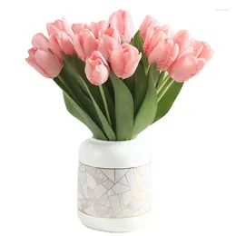 Flores decorativas 20pcs toque real pu tulip bouquets de arranjo artificial para decoração de escritório em casa Damas de noiva CentrondPeces de casamento
