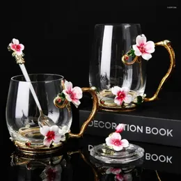 Party Favor Enamel Glass Cup Mug For Coffee Flower Tea Cups With Spoon Home Drinkware Perfect Wedding Gift Summer Set