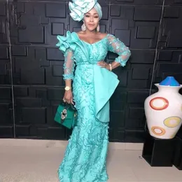 Aso ebi Style Mint Lace Prom Dresses Long Mermaid African African Nigerian Deval Dress Elegant 3 4 Sleeves Pagent Party Bride 182O