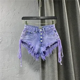 Летние женские фиолетовые шорты мода сексуальные низкорослые одноготовленные алин -джинсовая ткань с брюками с ремешками 240423