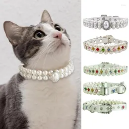 Colarinhos de cachorro Pequeno gato grande pérola com cristal strass de diamante Pet ajustável Pet PU Colar para aniversário de casamento