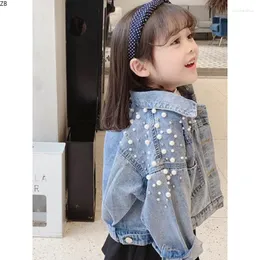 Jackor Spring Autumn Pearls Beading Denim Jacket For Girls Fashion Coats Barn Kläder Babykläder Ytterkläder Jean ZB