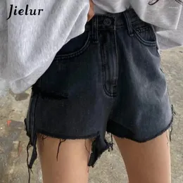 Frauen Jeans Frauen Denim Shorts Chic Ripped Löcher Quasten für blaue hohe Taille A-Line Black S-L