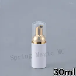 Garrafas de armazenamento 30 ml de espuma branca garrafa de plástico com tampa transparente de ouro/bomba branca Mousseing para limpador facial/shampoo